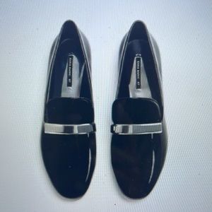 Zara Black Patent Leather Loafers with Silver Metal Bar